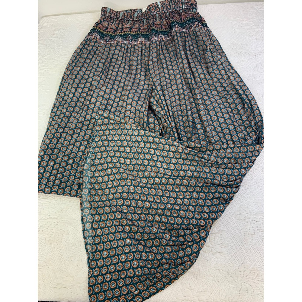 Anthropologie Aria Boho Pants Teal Orange Floral Smocked Wide Leg XS Festival